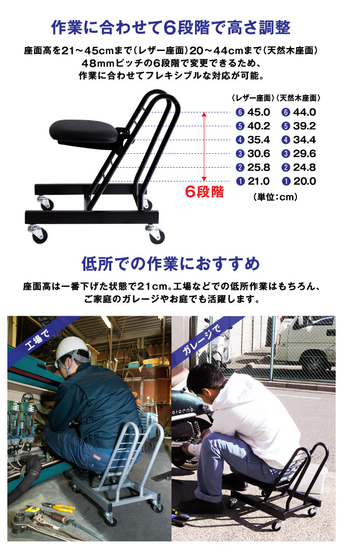 作業椅子 キャスター付き 幅335×奥行510×高さ480mm 天然木座面 低位置