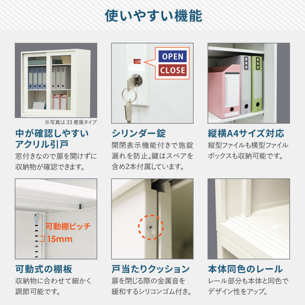 倉庫受取限定】 引戸書庫 3段 アクリル扉 幅880×奥行400×高さ1110mm 鍵