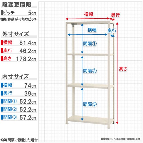 スチールラック 幅80×奥行45×高さ180cm 4段 40kg/段 軽量ラック NSTR