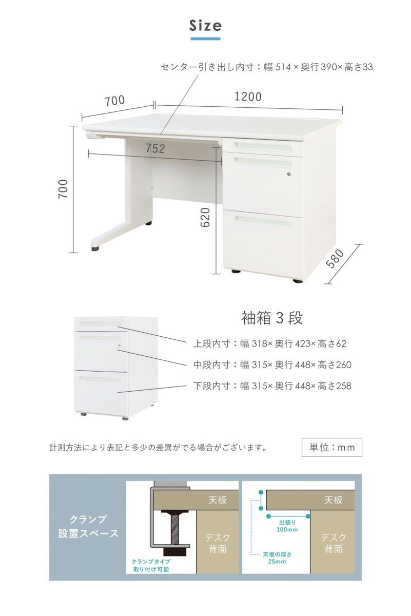 オフィスデスク 片袖机 幅1200×奥行700mm ワークデスク パソコンデスク