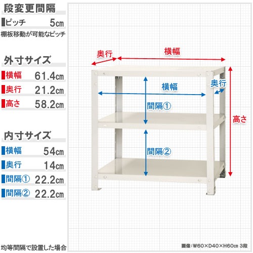 スチールラック 幅60×奥行20×高さ60cm 3段 40kg/段 軽量ラック NSTR