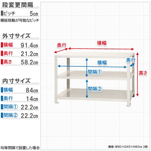 スチールラック 幅90×奥行20×高さ60cm 3段 40kg/段 軽量ラック NSTR
