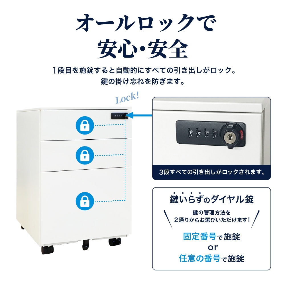 デスクワゴン 3段 ダイヤル錠 キャスター付き サイドワゴン WG-D（商品 