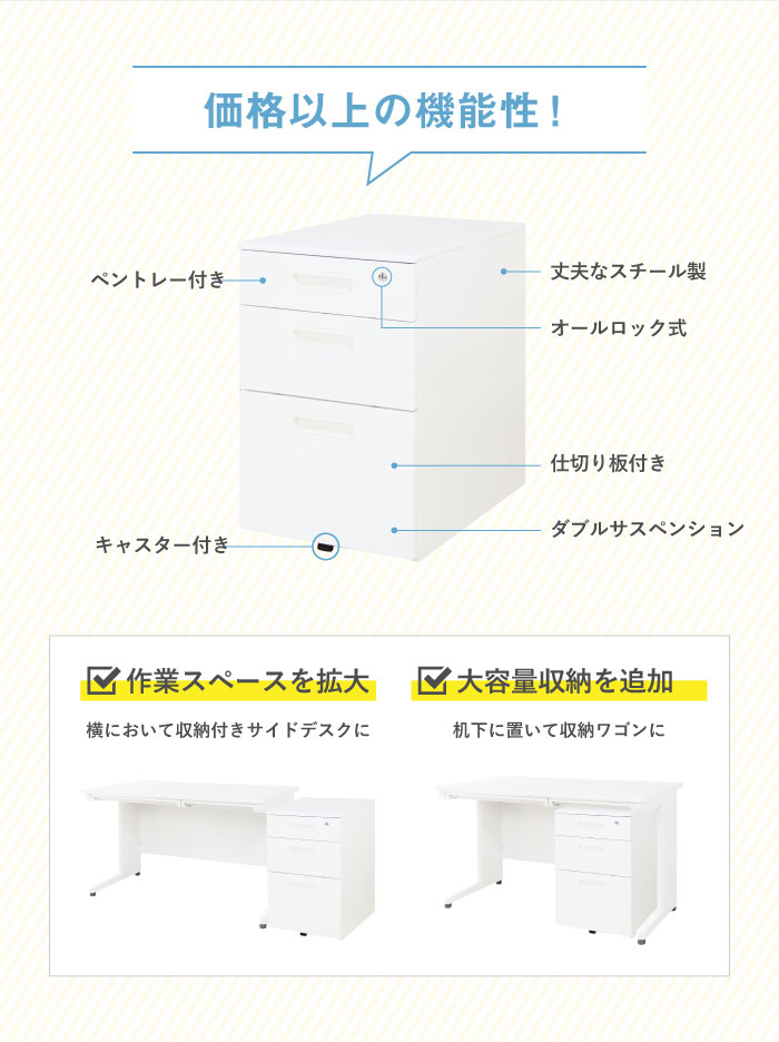 倉庫受取限定】サイドワゴン 3段 鍵付き A4 スチール製 ホワイト
