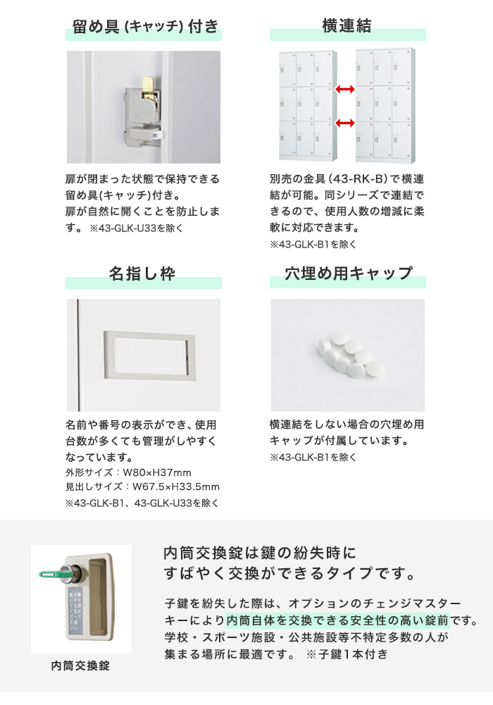 ロッカー 鍵付き 内筒交換錠 20人用 GLK-N20（商品番号：43-glk-n20