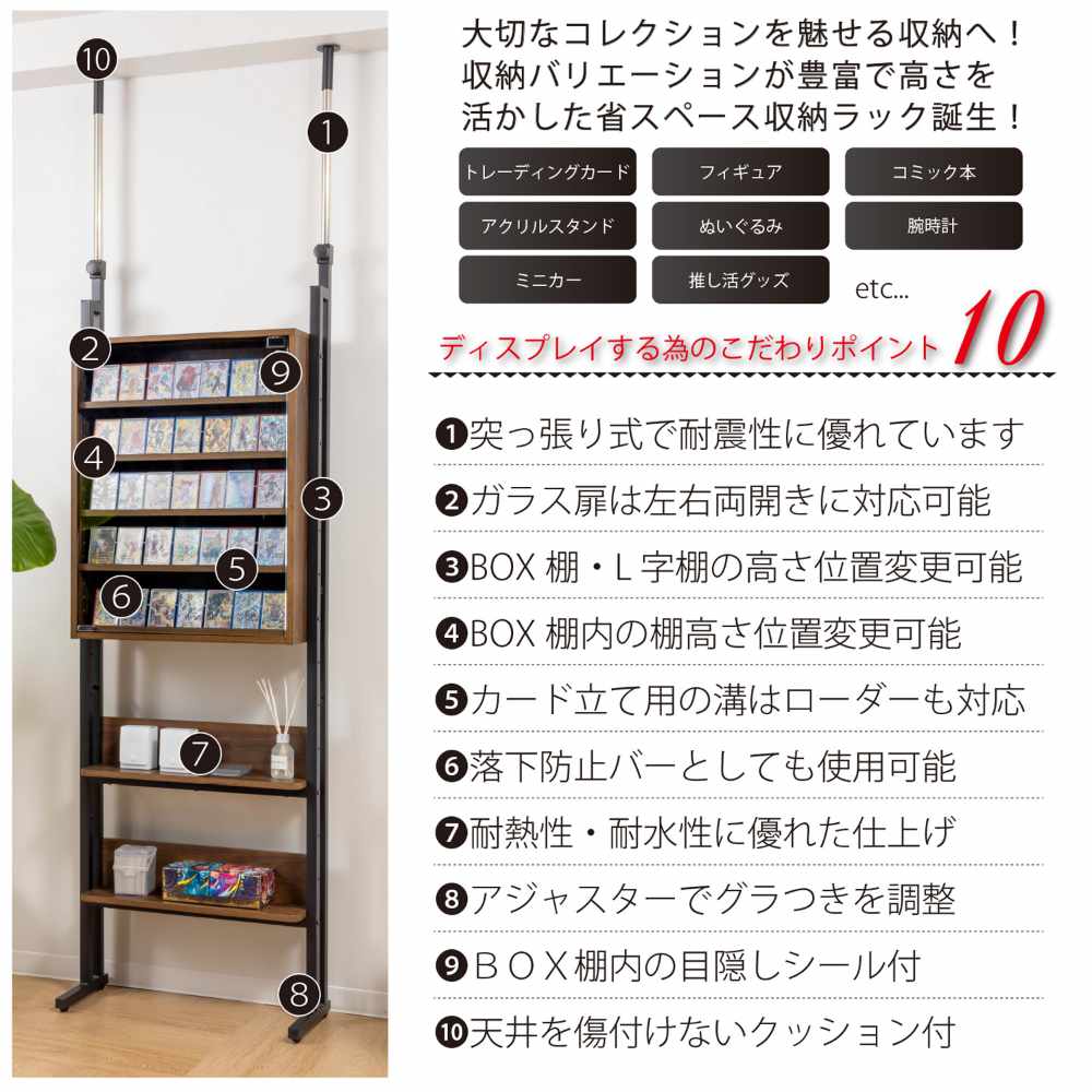 ディスプレイラック 幅60cm ガラス扉 コレクションラック 突っ張り