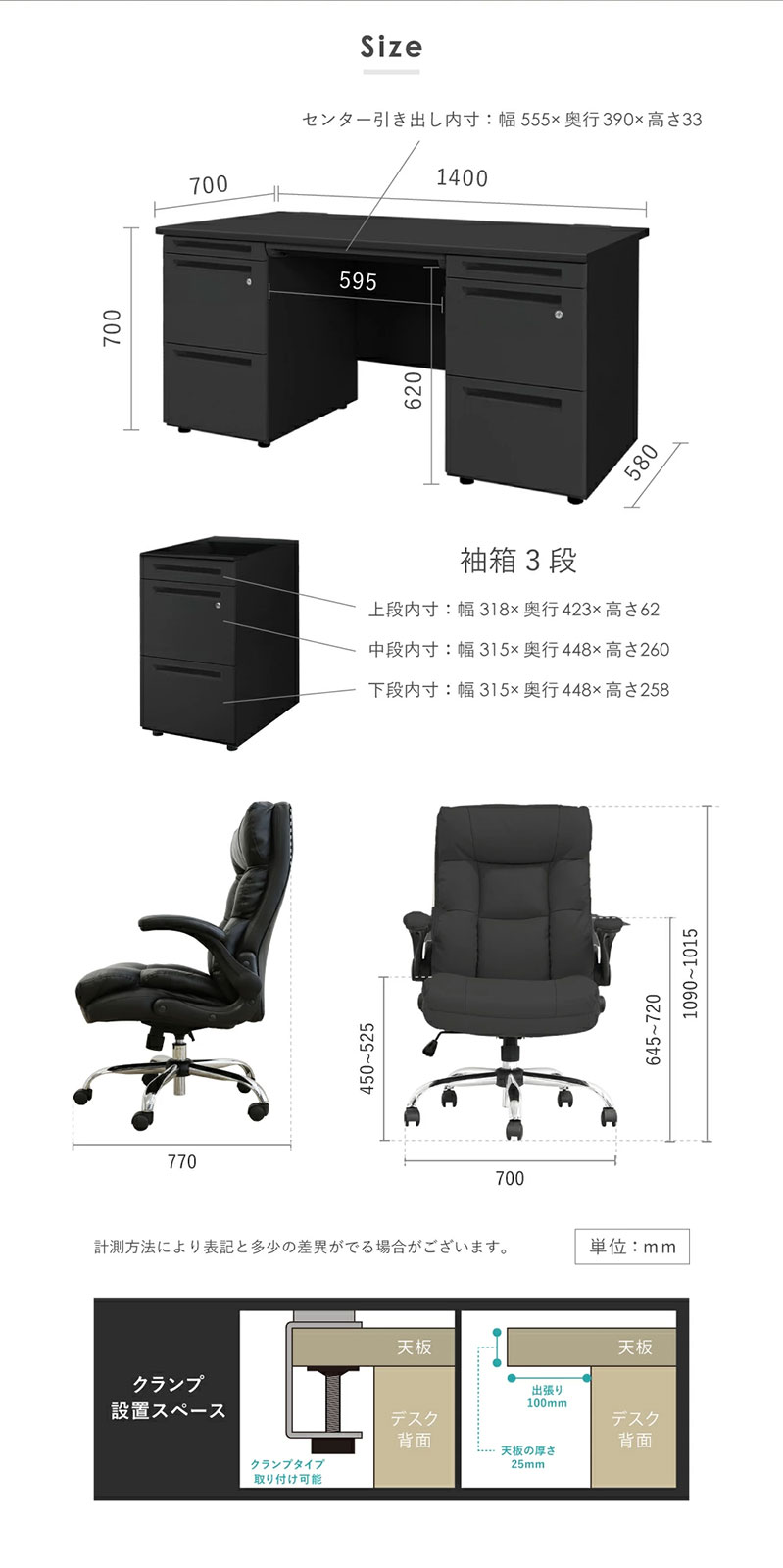 エグゼクティブデスク セット 両袖 W1400 ブラック LRD-147BK-DYN-1