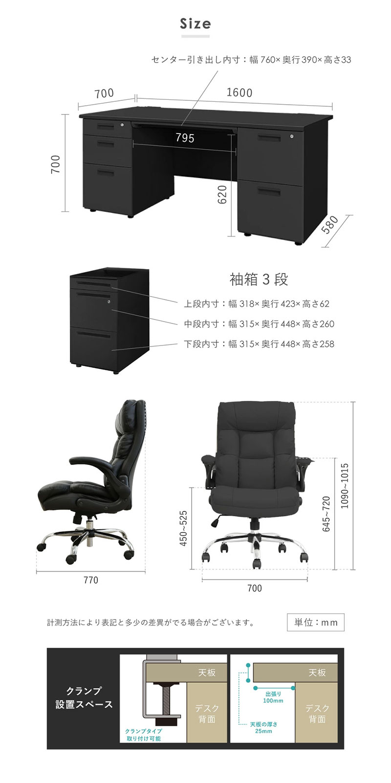 エグゼクティブデスク セット 両袖 W1600 ブラック LRD-167BK-DYN-1
