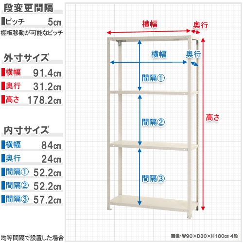 スチールラック 幅90×奥行30×高さ180cm 4段 40kg/段 軽量ラック NSTR