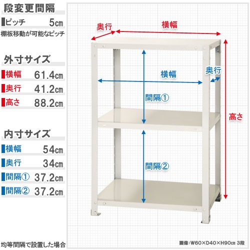 スチールラック 幅60×奥行40×高さ90cm 3段 40kg/段 軽量ラック NSTR