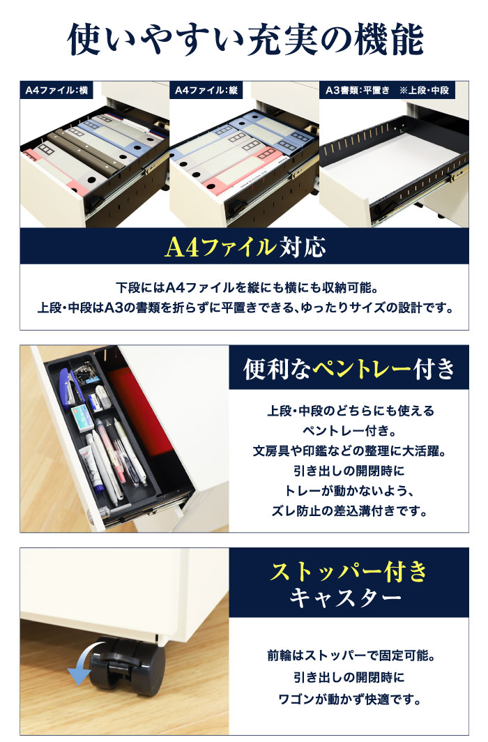倉庫受取限定】 デスクワゴン 3段 シリンダー錠 サイドワゴン EFG2-S3