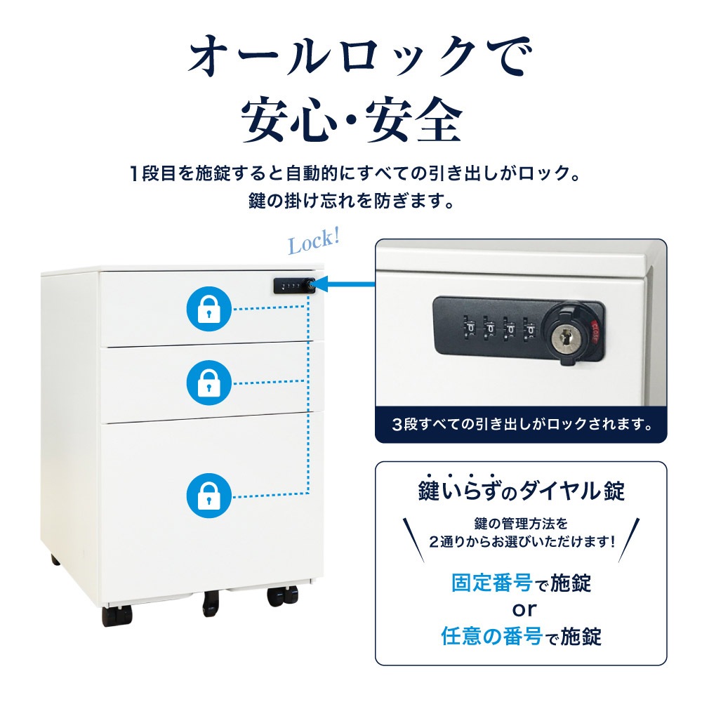 倉庫受取限定】 デスクワゴン 3段 ダイヤル錠 サイドワゴン EFG2-D3-SO