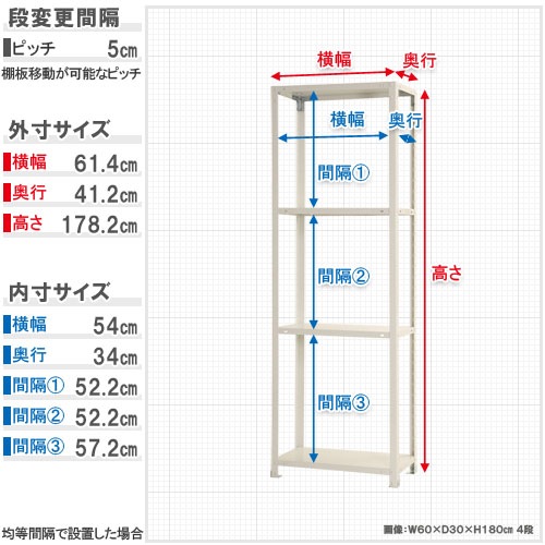 スチールラック 幅60×奥行40×高さ180cm 4段 40kg/段 軽量ラック NSTR