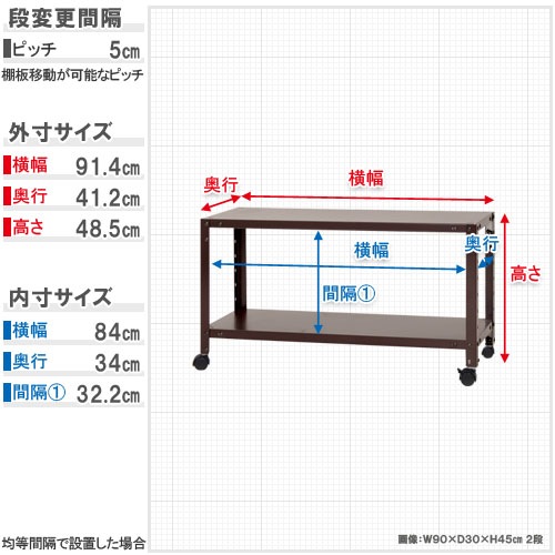スチールラック 幅90×奥行40×高さ48.5cm 2段 80kg/全 キャスター付き