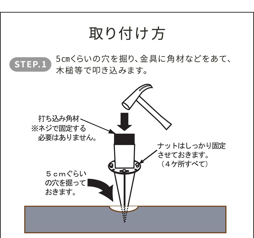 【6個セット＋あて木1個付】 土中用支柱固定金具 支柱固定金具 6個 調整付き 土中用 固定金具 S-UBN72-6P（商品番号：su