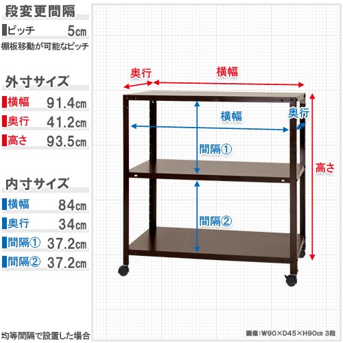 スチールラック 幅90×奥行40×高さ93.5cm 3段 80kg/全 キャスター付き