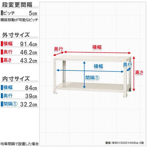 スチールラック 幅90×奥行45×高さ45cm 2段 40kg/段 軽量ラック NSTR