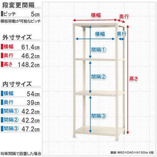 スチールラック 幅60×奥行45×高さ150cm 4段 40kg/段 軽量ラック NSTR