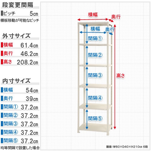 スチールラック 幅60×奥行45×高さ210cm 6段 40kg/段 軽量ラック NSTR