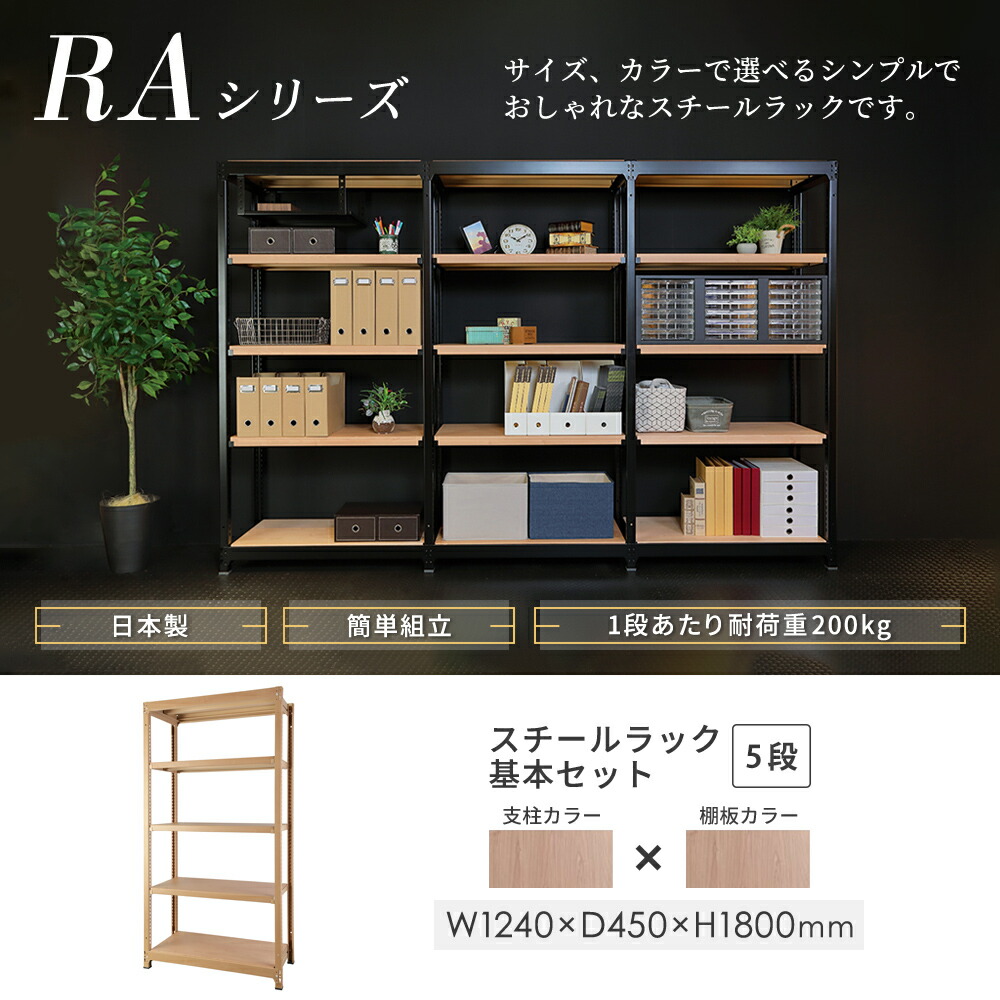 スチールラック 5段 幅1240×奥行450×高さ1800mm 耐荷重200kg/段