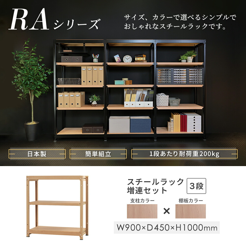 スチールラック10台 増連用 スチールラック 3段 幅900×奥行450×高さ1000mm 耐荷重200kg/段