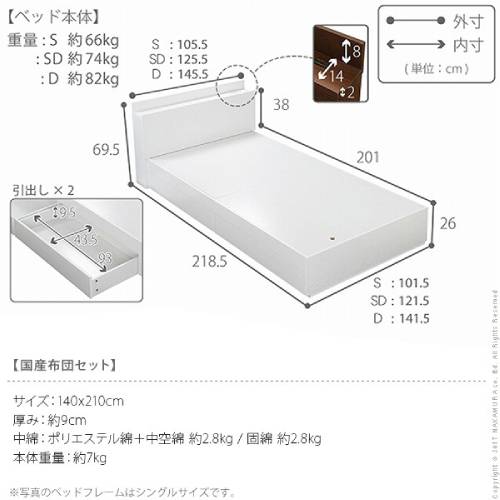 収納付きダブルベッド　敷布団込み 収納付きベッド ダブル 敷布団セット 幅145.5×奥行218.5×高さ69.5cm