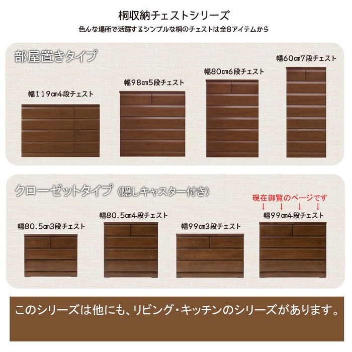 クローゼットチェスト キャスター付き 4段 幅99×奥行40.5×高さ82.5cm