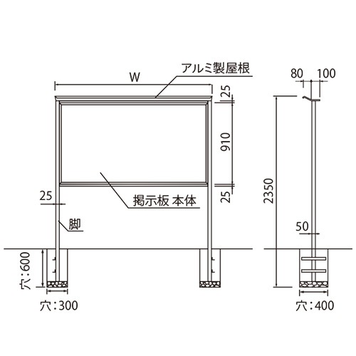 掲示板 幅1210×高さ910mm 脚付き 屋根付き ピンボード KC34T（商品番号