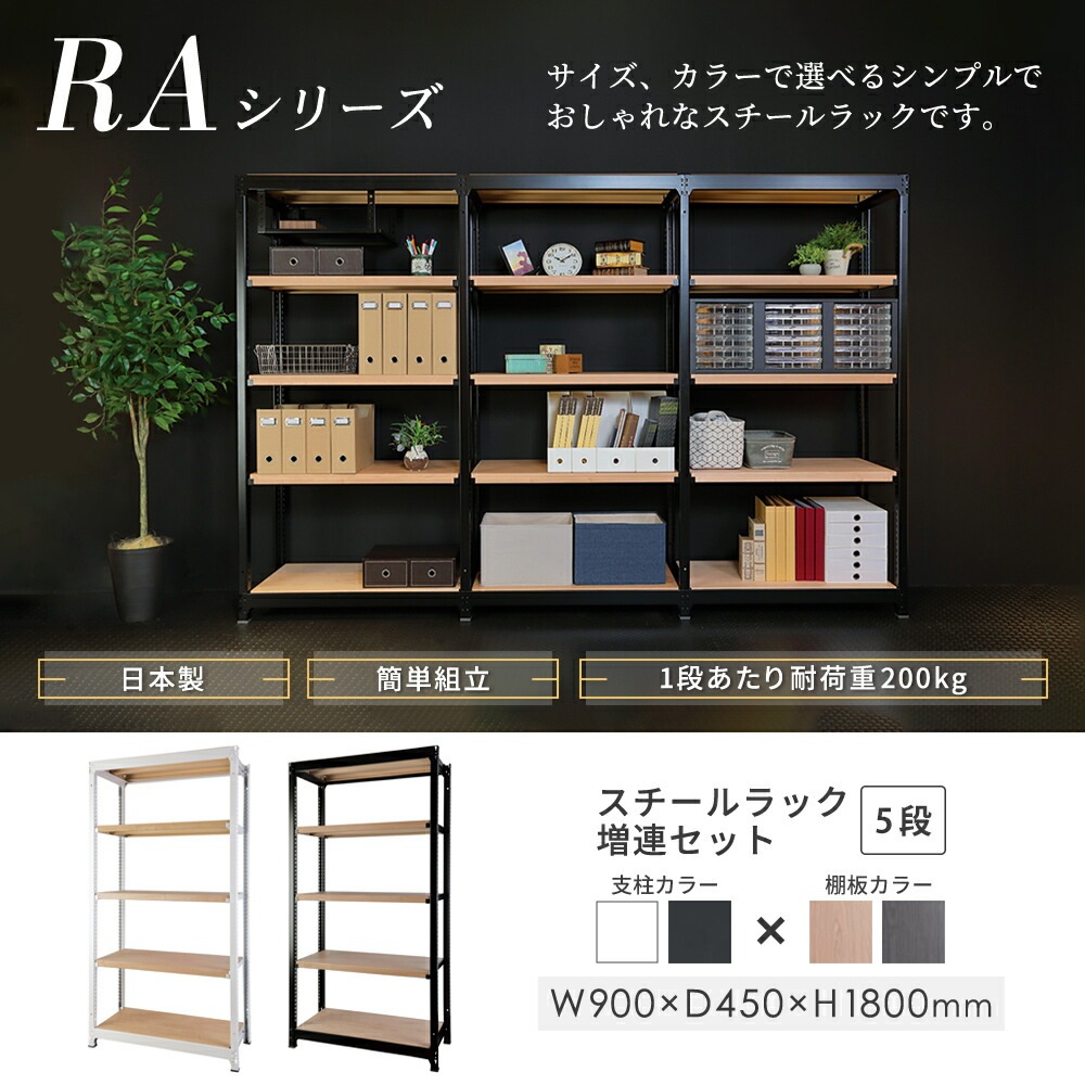 増連用 スチールラック 4段 幅900×奥行450×高さ1800mm 耐荷重200kg/段