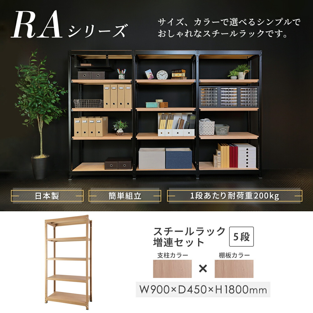 増連用 スチールラック 4段 幅900×奥行450×高さ1800mm 耐荷重200kg/段