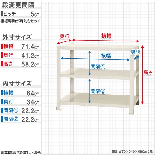 スチールラック 幅70×奥行40×高さ60cm 3段 40kg/段 軽量ラック NSTR