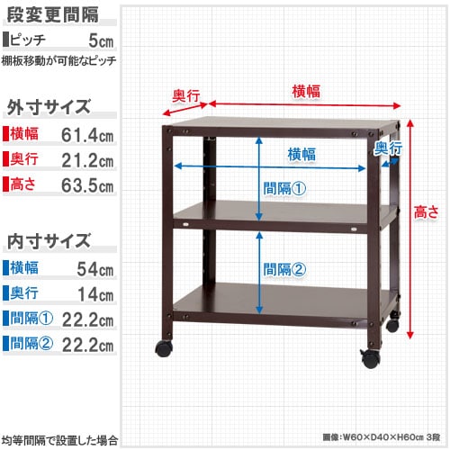 スチールラック 幅60×奥行20×高さ63.5cm 3段 80kg/全 キャスター付き