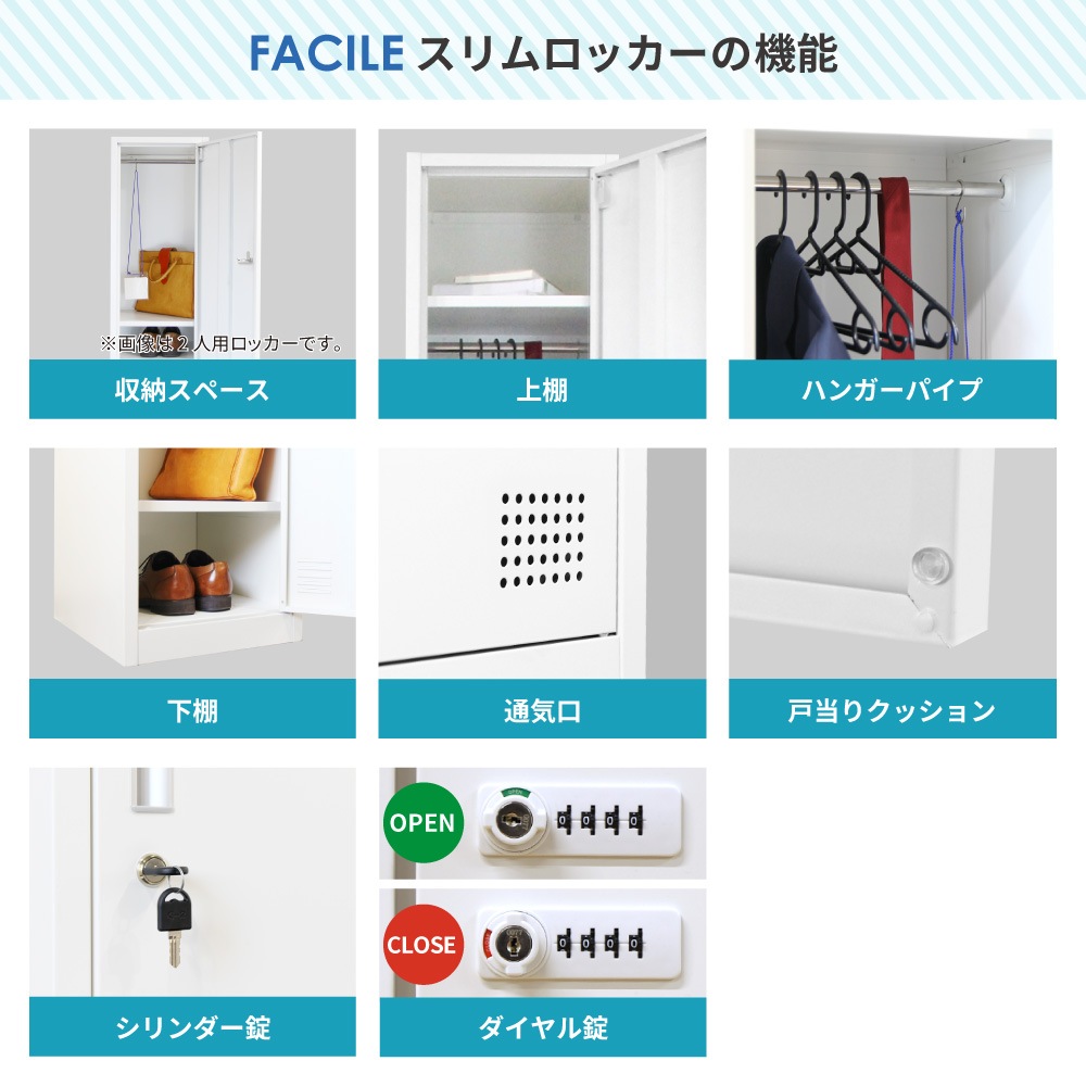 ホワイト レジスター5点一式セット 鍵付き ロッカー 1人用 スリム 鍵付き 1段 FAC-S1-2（商品番号：FAC-S1-2）の