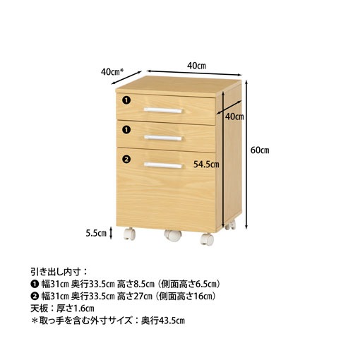 サイドワゴン 3段 幅400×奥行400×高さ600mm デスクワゴン 袖机 SC4060