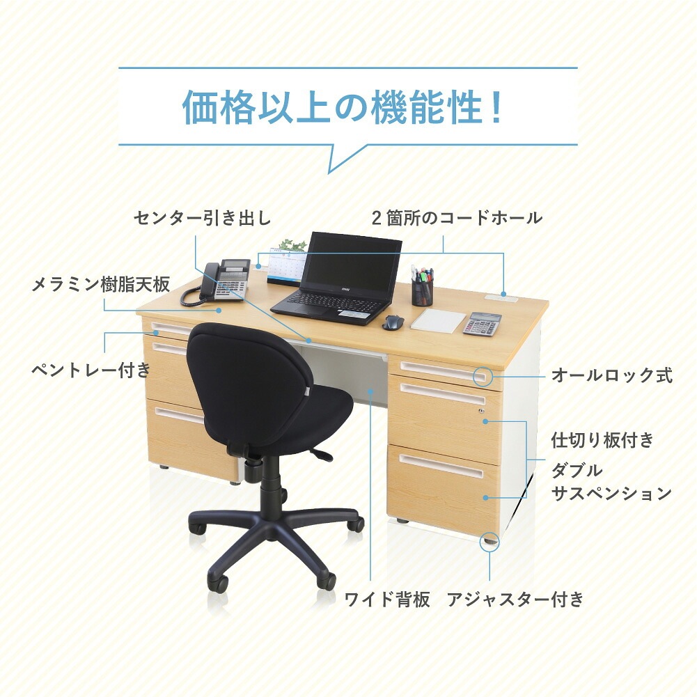 倉庫受取限定】 オフィスデスク 両袖机 幅1600×奥行700mm ホワイト