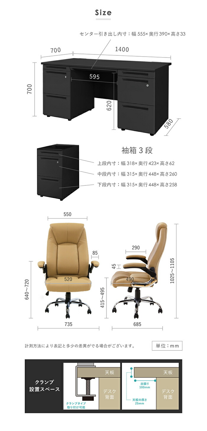 エグゼクティブデスク 両袖机 W1400 + チェアセット 役員用デスク 高