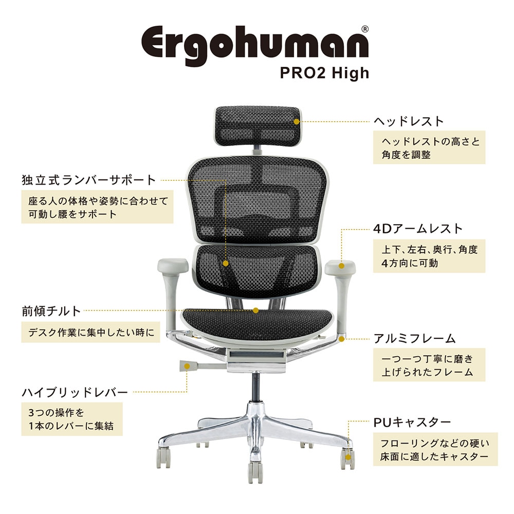 Ergohuman  エルゴヒューマン　チェア　ヘッドレスト無し　メッシュタイプ エルゴヒューマン フィット / ヘッドレスト有り【メーカー