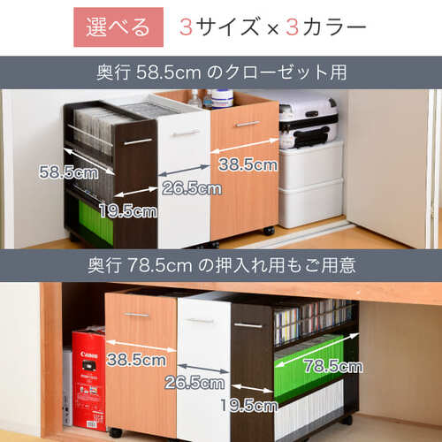 【売り切れ】キャスター付収納　サイズ違い3種✕2＝計6台セット　用途色々 充英アート 日本製 キャスター付き押入れコミックラック 2台セット