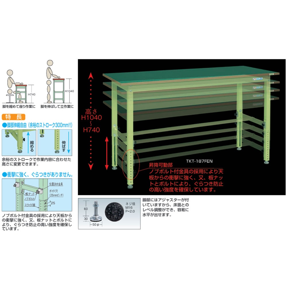 中量高さ調整作業台 サカエ TKTタイプ サカエリューム天板 幅1500×奥行