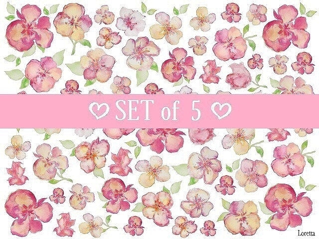 【5枚SET】ウォーターペイントフラワー＆リーフ(1枚あたり1500円)A4