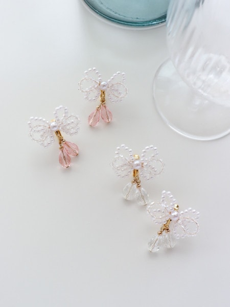 うる艶♡ペイントビーズ＆薔薇ビジュー ピアス/イヤリング☆ 細長く