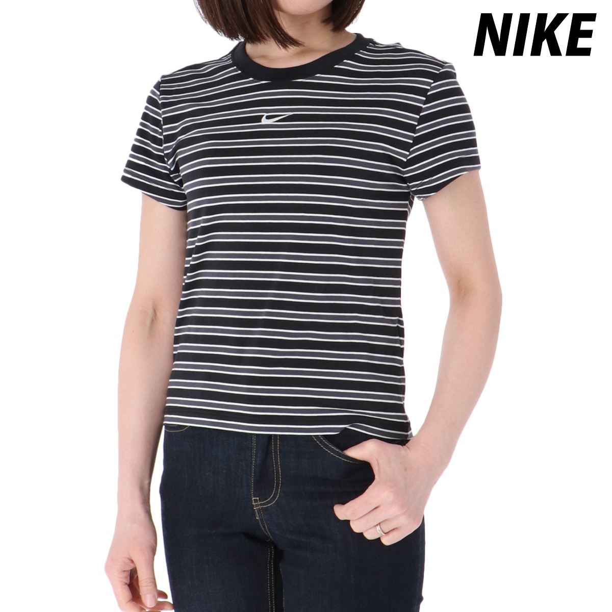 ナイキ Tシャツ レディース ブランド 半袖 ボーダー ストライプ チル ニット BLK NIKE HF9525 新作