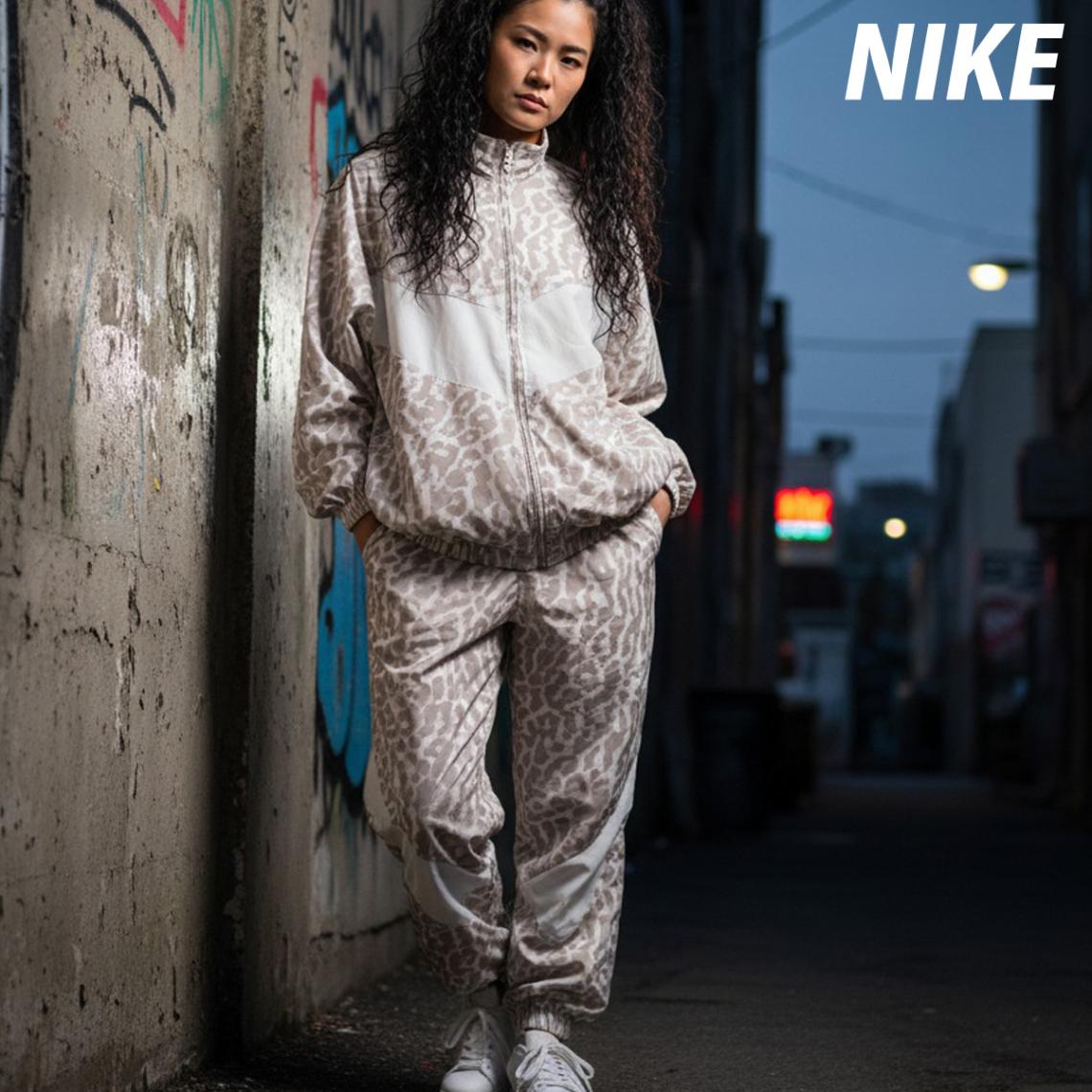 ナイキ ウインドブレーカー 上下 セットアップ レディース ブランド ビッグロゴ はっ水 撥水 ゆったり ヒョウ柄 レオパード アニマル 裏メッシュ 裏地付き GRY NIKE IB7264 新作 優良配送