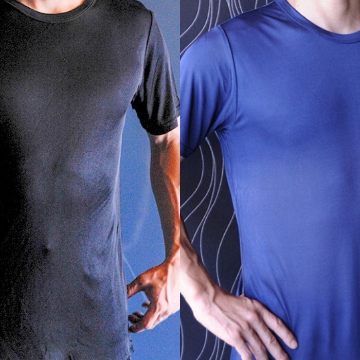 メンズ丸首半袖シャツ2枚組 シルク 25％ ビスコース 75％ スポーツ 紫外線カット UVカット 登山 メンズ 半袖 肌着 ラウンドネック インナー 黒 紺 ブラック ネイビー L XL  汗取り U首 Uネック お得 セット販売 ノンアイロン 美肌 防臭 プレゼント ギフト 京都 春夏 涼しい