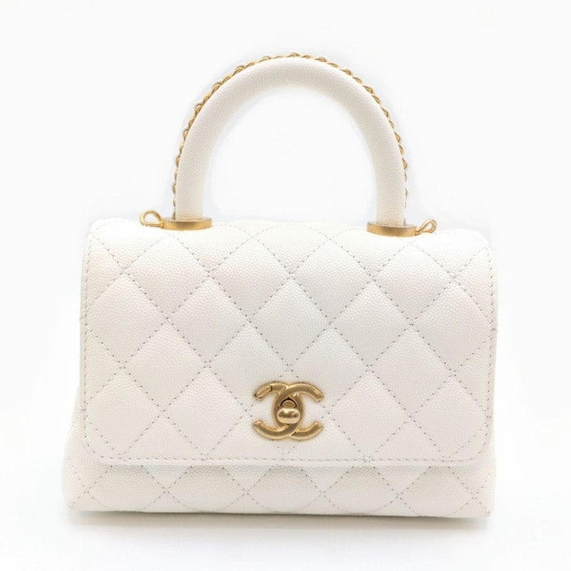 シャネル ココハンドル  トップハンドル フラップ バッグ　ホワイト　キャビアスキン　