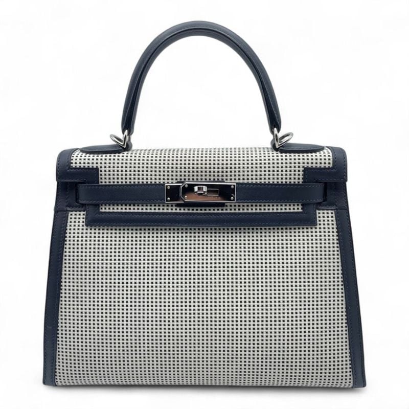 エルメス ケリー 28 ナチュラル/ネイビー トワルキャドリーユ/スイフト シルバー金具 U刻印