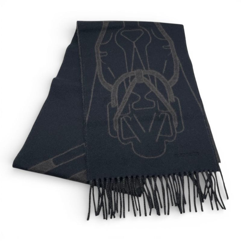 エルメス カシミヤマフラー テット・ア・テット・エケストル 25×170 黒/カフェ カシミヤ100%