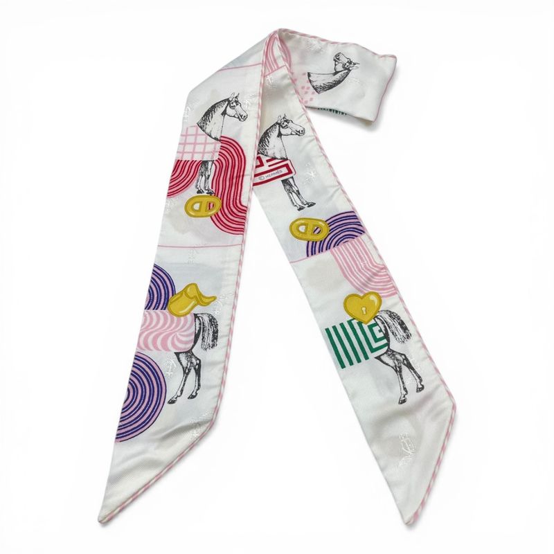 エルメス ツイリー ガルドロープホップ ホワイト/マルチカラー シルク100％