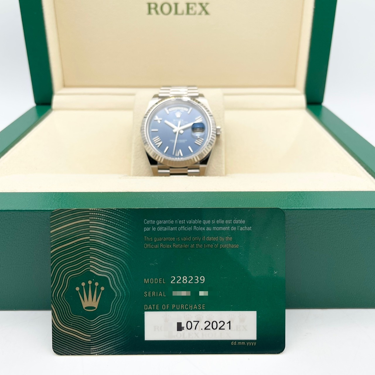 ロレックス デイデイト 228239 ブルーローマン ホワイトゴールド 40mm