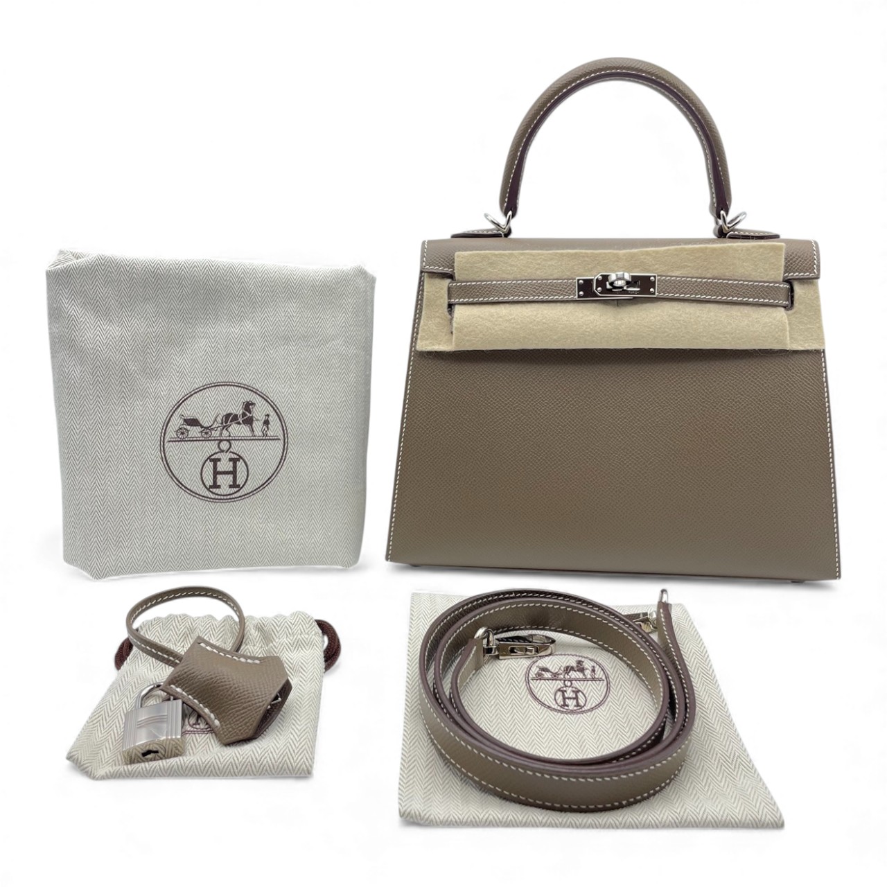 エルメス ケリー 25 エトゥープ エプソン シルバー金具 D刻印